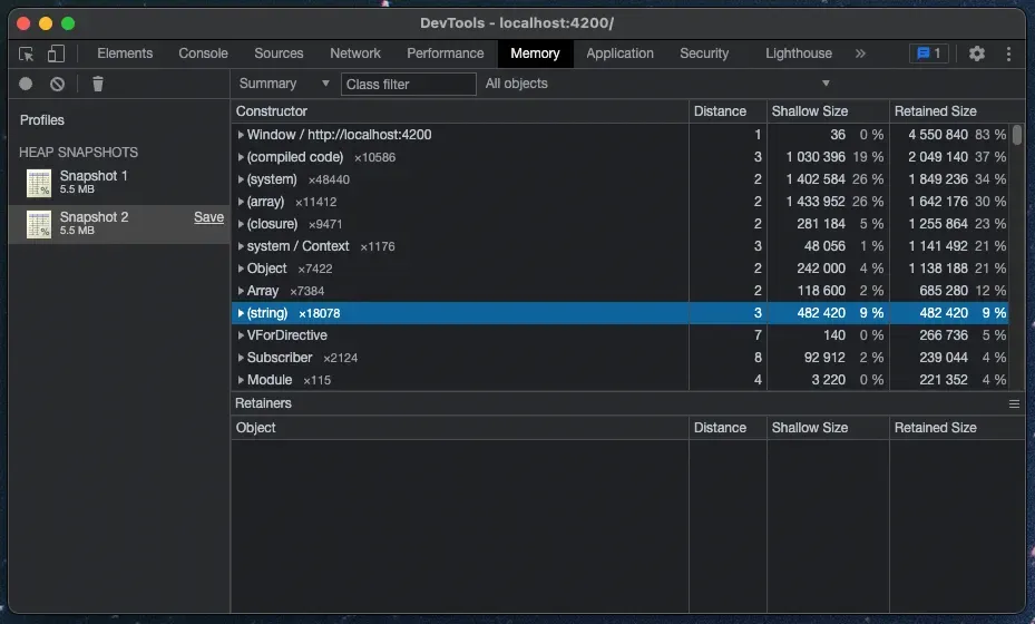 Chrome DevTools Memory Tab